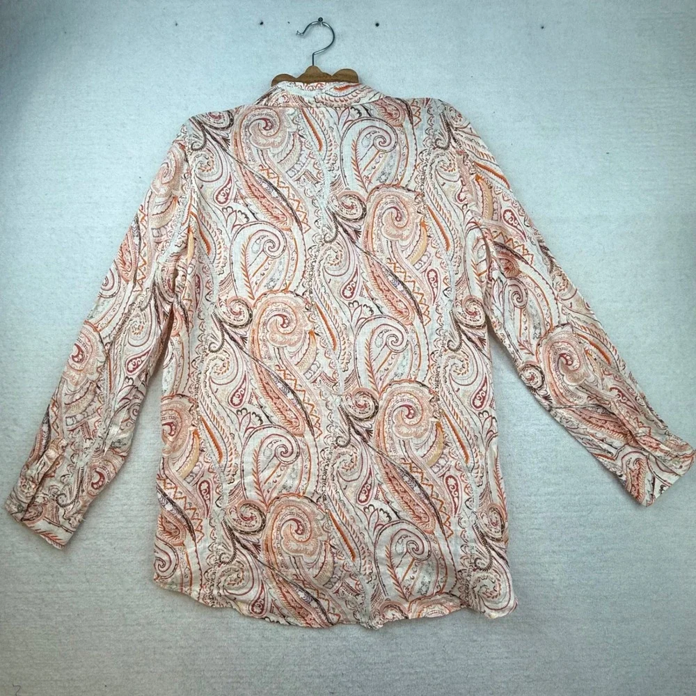 Rachel Zoe Womens Orange Paisley 100% Linen Shirt L European 70s style earthy - Picture 6 of 8